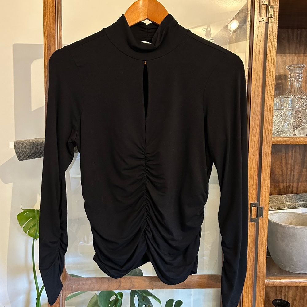 FRAME Felicity Black Ruched Jersey Keyhole Top